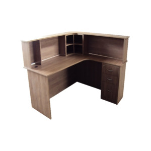 RECEPTION DESK WITH COUNTER RISER 1.4m x 1.2m X 0.75m (h) WITH 3 DRAWER MOBILE PEDESTAL – B_Cherry