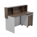 TABLE-RECEPTION DESK WITH COUNTER RISER 1.4m x 0.6m x 0.75m (h) WITH 3 DRAWER MOBILE PEDESTAL - ICEBERG WHITE_AWalnut