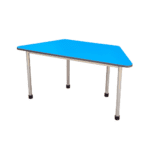 Trapezoidal classroom table with light-coloured top and sturdy metal legs designed for flexible learning environments.