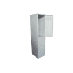 Light grey double-compartment steel locker with two separate lockable storage sections.