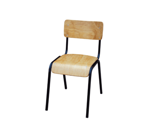 Secondary school chair with 9mm plywood seat and backrest mounted on a sturdy metal frame for durable institutional use.