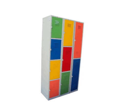 Nine-compartment metal locker with individual lockable doors and built-in ventilation slots for secure and organised storage.