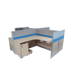 Four-way office workstation with face-to-face seating, semi-transparent glass dividers, MDF tabletops, personal lockers, and CPU stands.