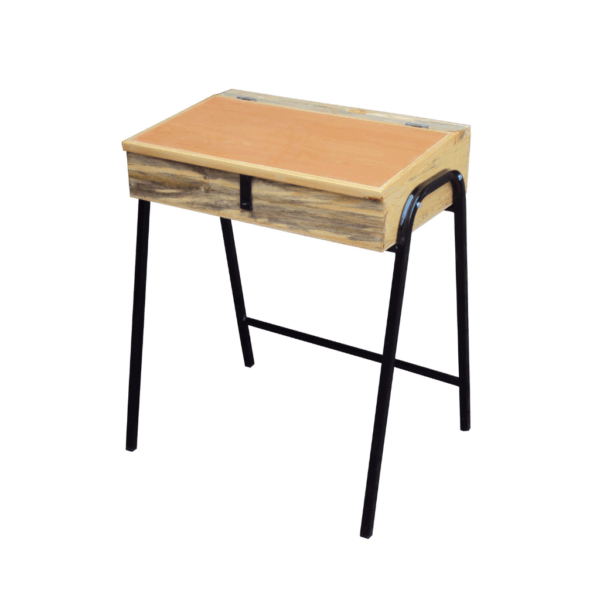 Compact wooden study desk with brown tabletop, black metal legs, and two small drawers, ideal for home or office use.
