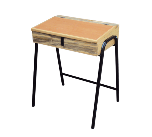 Compact wooden study desk with brown tabletop, black metal legs, and two small drawers, ideal for home or office use.