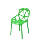 Modern geometric green plastic chair with angular cut-out back design and sturdy metal legs, offering a contemporary and lightweight seating option.