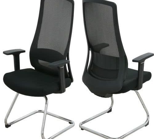 Black medium-back office chair with a breathable mesh back, cushioned seat, armrests, and chrome sled base.