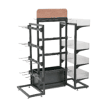 Multi-functional retail display stand with hooks, shelves, and bottom bin.