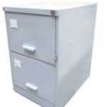 Grey 2-drawer metal filing cabinet for organized document storage.