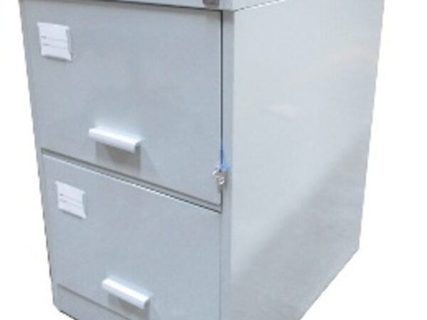 Grey 2-drawer metal filing cabinet for organized document storage.