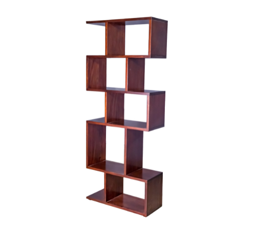 Serbia freestanding wooden bookcase with asymmetrical S-shaped or zigzag shelving for modern display and storage.