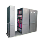 Manual bulk filing unit with six bays and four adjustable shelves mounted on mobile bases for high-density document storage.