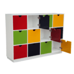 12-compartment wooden kindergarten locker unit designed for organizing children’s bags, coats, shoes, and personal items.