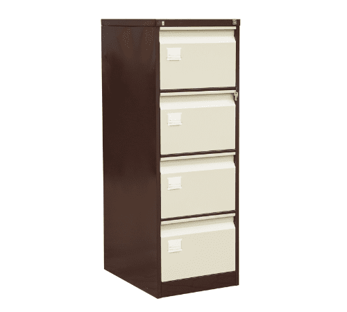 Four-drawer filing cabinet in brown and ivory with inverted handles for secure and organised document storage.