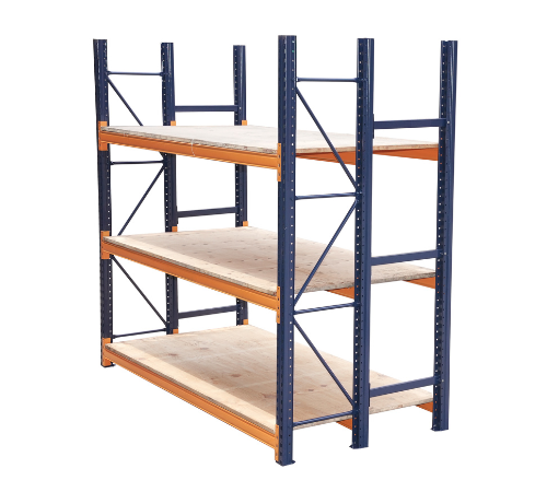 Medium duty metal racking system with blue uprights and orange beams for organized storage