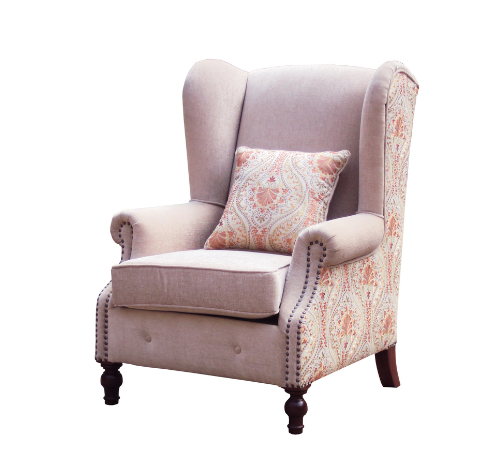 Julia wingback chair with a classic high-back silhouette, plush cushioning, and wide, supportive wings.