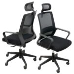 Black medium-back office chair with breathable mesh back, fabric seat, adjustable armrests, and built-in lumbar support.