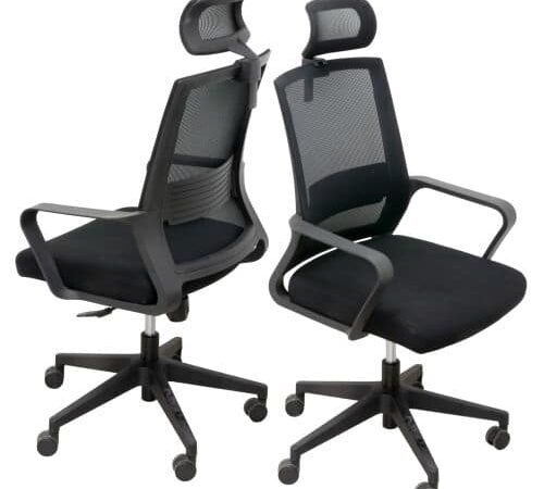 Black medium-back office chair with breathable mesh back, fabric seat, adjustable armrests, and built-in lumbar support.
