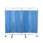 Three-panel hospital privacy screen with white metal frame and blue fabric panels, designed for flexible use in medical environments.