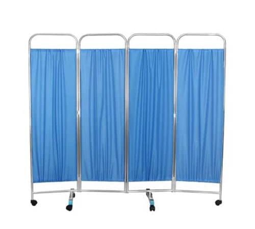 Three-panel hospital privacy screen with white metal frame and blue fabric panels, designed for flexible use in medical environments.