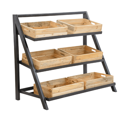 Single-sided black vegetable display stand with sturdy metal frame and six wooden crates for organised produce presentation