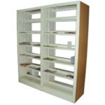Double-sided shelving unit with ten shelves and flat wooden end panels on a sturdy metal frame.
