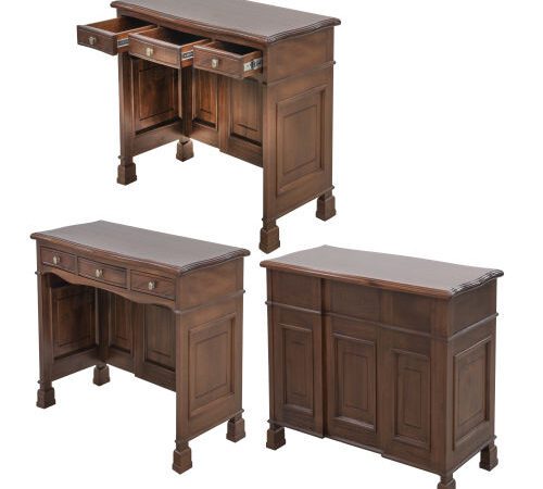 Classic California wooden study desk with multiple drawers and paneled sides in a polished dark finish.