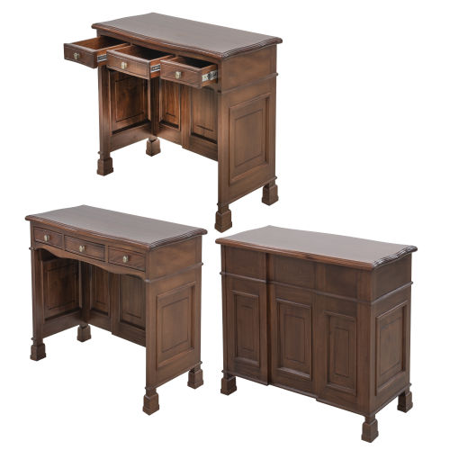 Classic California wooden study desk with multiple drawers and paneled sides in a polished dark finish.