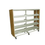 Mobile 5 foot shelving unit with sturdy metal shelves, wooden-look side panels, and smooth rolling castors.