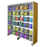 Double-sided metal shelving unit with ten spacious shelves and flat wooden end panels for added style and stability.