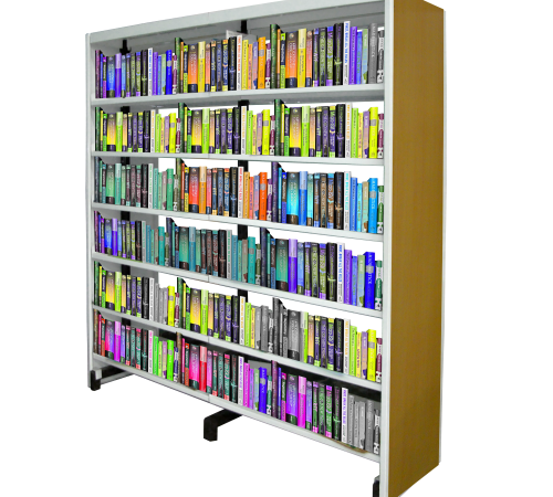 Double-sided metal shelving unit with ten spacious shelves and flat wooden end panels for added style and stability.