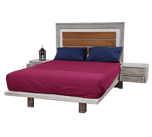 Dakar Bed with whitewashed frame, slatted headboard, and integrated floating bedside tables.