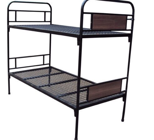 Metal double decker bunk bed with wooden headboard and footboard accents designed for two sleepers.