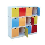 Colorful kids’ lockers with multiple compartments featuring red, yellow, blue, and orange doors for organized storage.