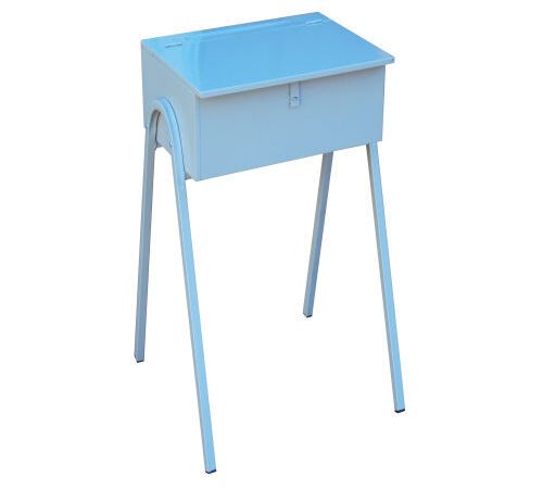 Kindergarten desk with a light-colored tabletop and sturdy angled legs designed for young learners.