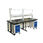 Laboratory table with a chemical-resistant worktop, overhead shelving, metal frame, and mobile under-cabinets with colorful drawers.