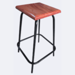Black metal lab stool with a natural wooden seat and built-in footrest.