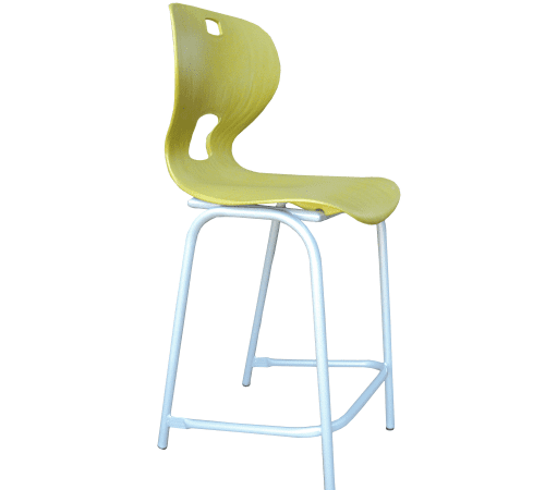 Yellow lab chair with curved plastic seat and white metal frame.