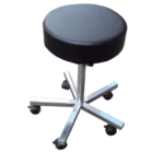 Ergonomic lab stool with padded round seat and five-star chrome wheel base.