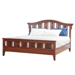 Upholstered bed with arched, tufted headboard and matching tufted footboard.