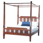 Dark wooden four-poster bed with turned posts and slatted headboard and footboard.