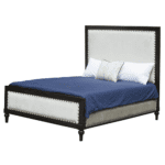 Dark wooden Ontario queen bed with light upholstered headboard and footboard featuring nailhead trim.
