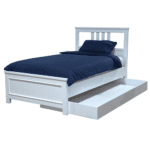 White wooden single bed with a pull-out trundle stored beneath the main frame.