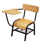 School chair with a black metal frame, wooden seat and backrest, and an attached wooden writing arm.
