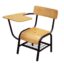 School chair with a black metal frame, wooden seat and backrest, and an attached wooden writing arm.