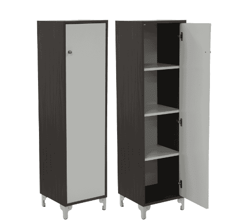 Tall single-door TV side shelf cabinet with multiple interior shelves and wooden exterior.