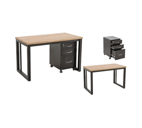 Modern wooden study desk with clean lines, angled legs, and a single integrated drawer for organized workspace.