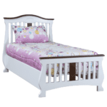 White single size Victorian bed with ornate detailing and curved headboard and footboard.