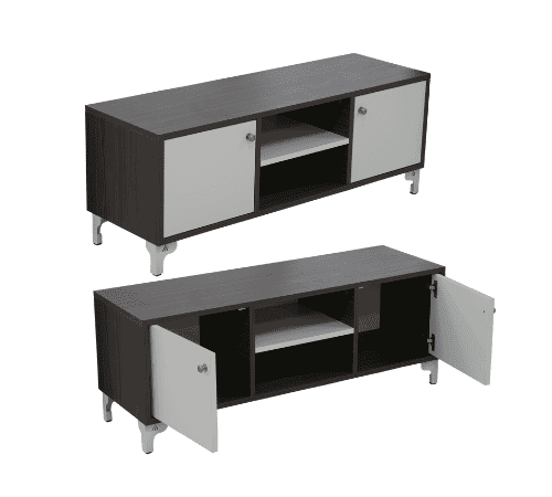 Wooden TV cabinet featuring a dark wood-look body, light-colored cabinet doors, open center shelves, and low-profile modern design.