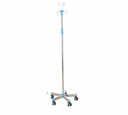 Adjustable medical drip stand with sturdy metal base and smooth-rolling caster wheels for IV fluid administration.